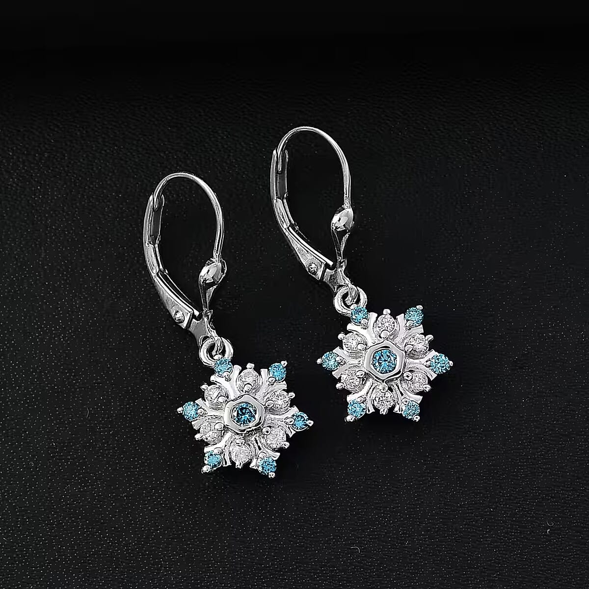 Luxuriant Lab Grown Blue Diamond (IR) and Lab Grown White Diamond 0.50 ctw Snowflake Dangling Earrings in Rhodium Over Sterling Silver image number 7