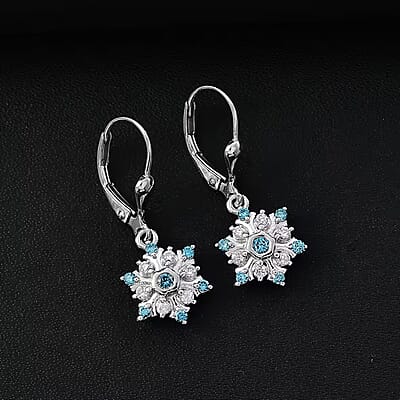Luxuriant Lab Grown Blue Diamond (IR) and Lab Grown White Diamond 0.50 ctw Snowflake Dangling Earrings in Rhodium Over Sterling Silver