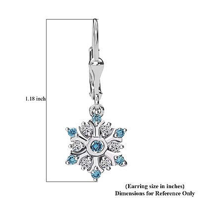 Luxuriant Lab Grown Blue Diamond (IR) and Lab Grown White Diamond 0.50 ctw Snowflake Dangling Earrings in Rhodium Over Sterling Silver