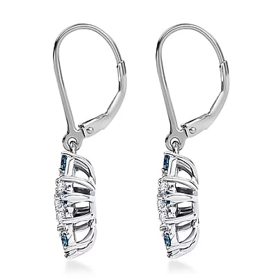 Luxuriant Lab Grown Blue Diamond (IR) and Lab Grown White Diamond 0.50 ctw Snowflake Dangling Earrings in Rhodium Over Sterling Silver