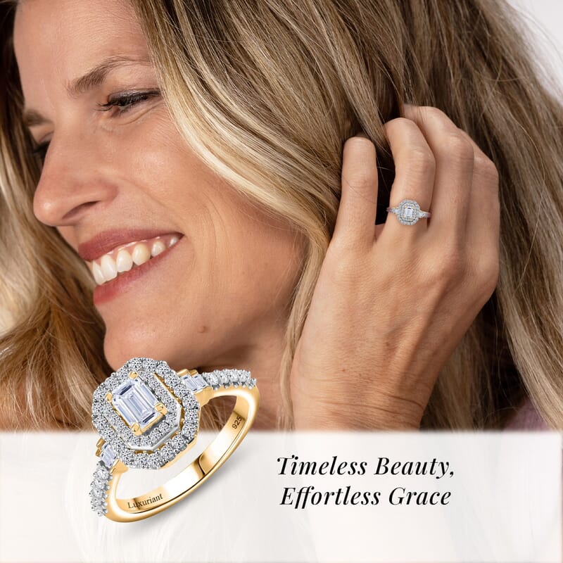 Luxuriant Lab Grown Diamond SI 1.00 ctw Double Halo Ring in 18K Vermeil Yellow Gold Over Sterling Silver (Size 9.0)