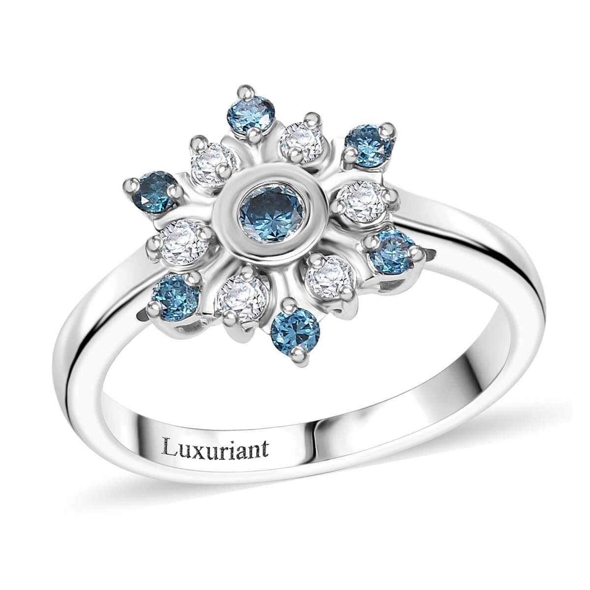 Luxuriant Lab Grown Blue and White Diamond SI 0.50 ctw Snowflake Ring in Rhodium Over Sterling Silver (Size 10.0) image number 0