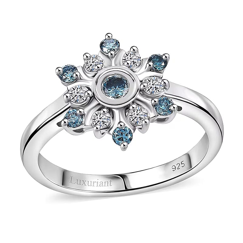 Luxuriant Lab Grown Blue and White Diamond SI 0.50 ctw Snowflake Ring in Rhodium Over Sterling Silver (Size 10.0)
