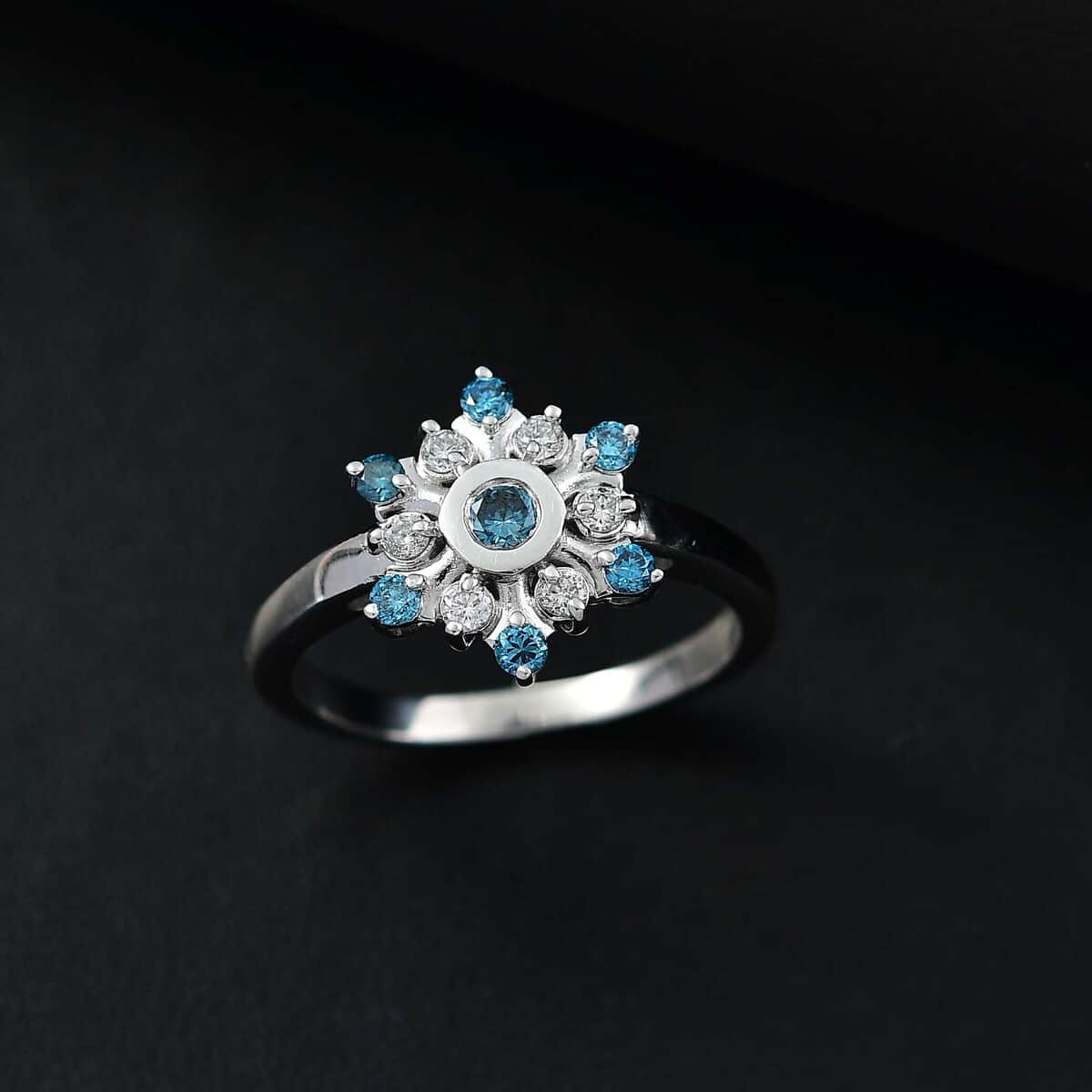 Luxuriant Lab Grown Blue and White Diamond SI 0.50 ctw Snowflake Ring in Rhodium Over Sterling Silver (Size 10.0) image number 1