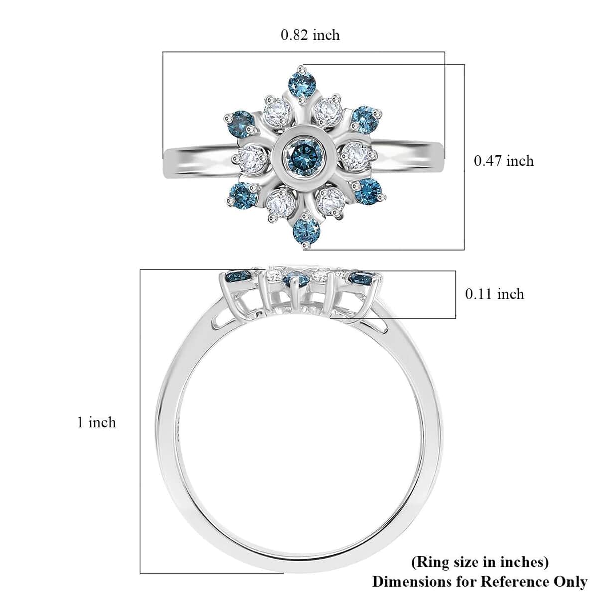 Luxuriant Lab Grown Blue and White Diamond SI 0.50 ctw Snowflake Ring in Rhodium Over Sterling Silver (Size 10.0) image number 5