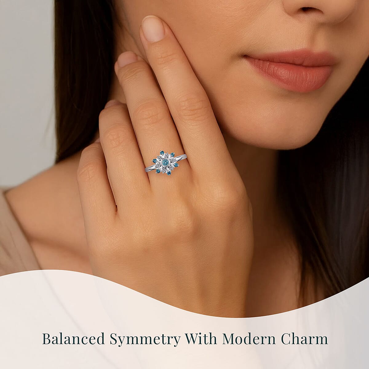 Luxuriant Lab Grown Blue Diamond (IR) and Lab Grown White Diamond SI 0.50 ctw Snowflake Ring in Rhodium Over Sterling Silver (Size 5.0) image number 1