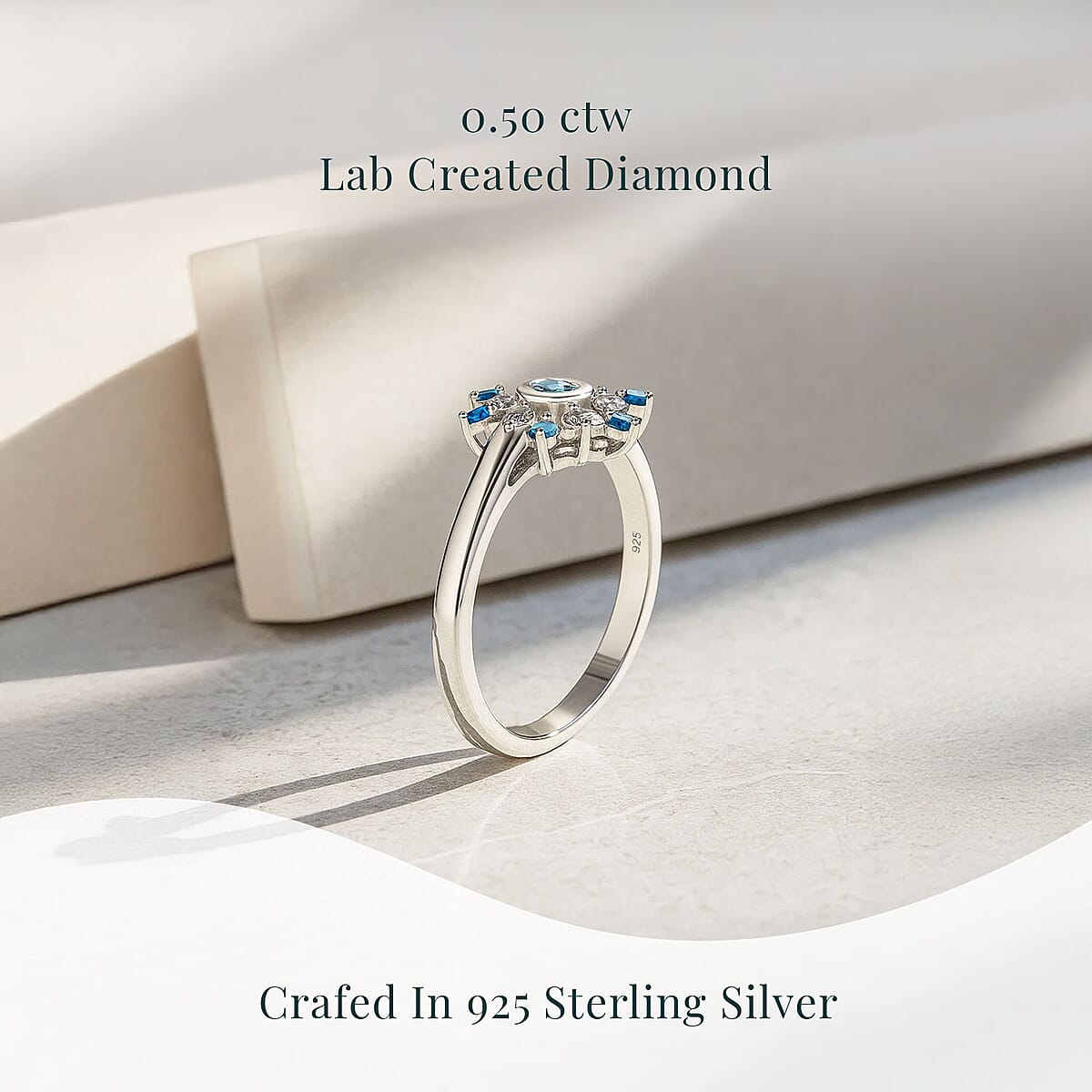 Luxuriant Lab Grown Blue Diamond (IR) and Lab Grown White Diamond SI 0.50 ctw Snowflake Ring in Rhodium Over Sterling Silver (Size 5.0) image number 2