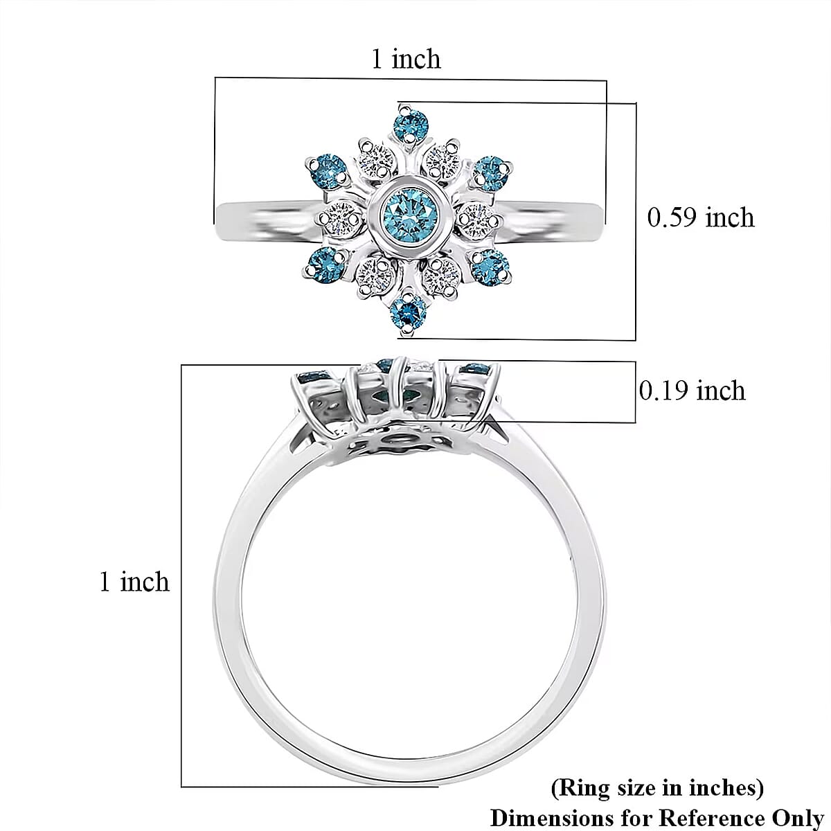 Luxuriant Lab Grown Blue Diamond (IR) and Lab Grown White Diamond SI 0.50 ctw Snowflake Ring in Rhodium Over Sterling Silver (Size 5.0) image number 6