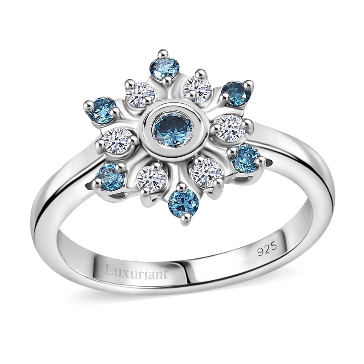 Luxuriant Lab Grown Blue and White Diamond SI 0.50 ctw Snowflake Ring in Rhodium Over Sterling Silver (Size 6.0) image number 0