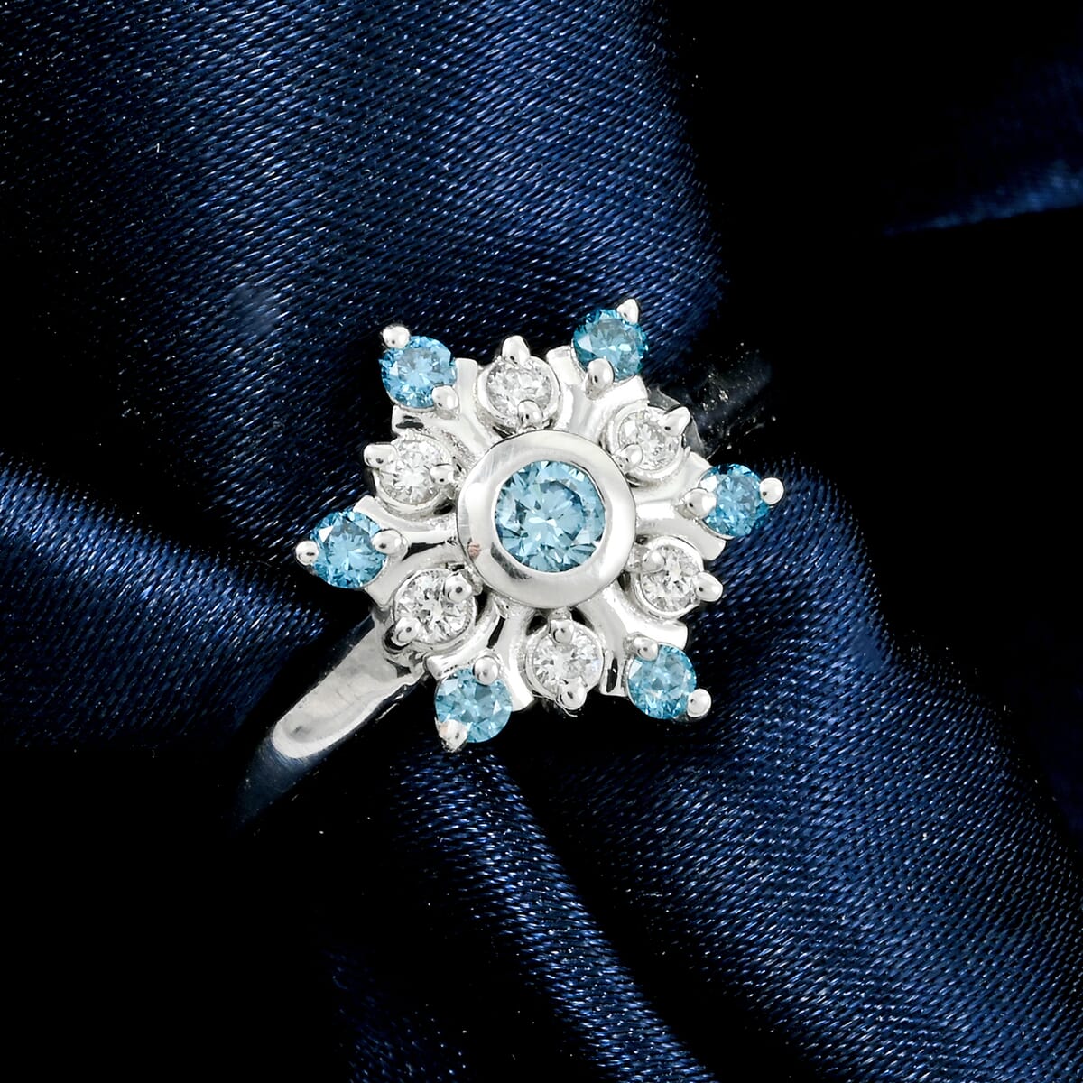 Luxuriant Lab Grown Blue and White Diamond SI 0.50 ctw Snowflake Ring in Rhodium Over Sterling Silver (Size 6.0) image number 1