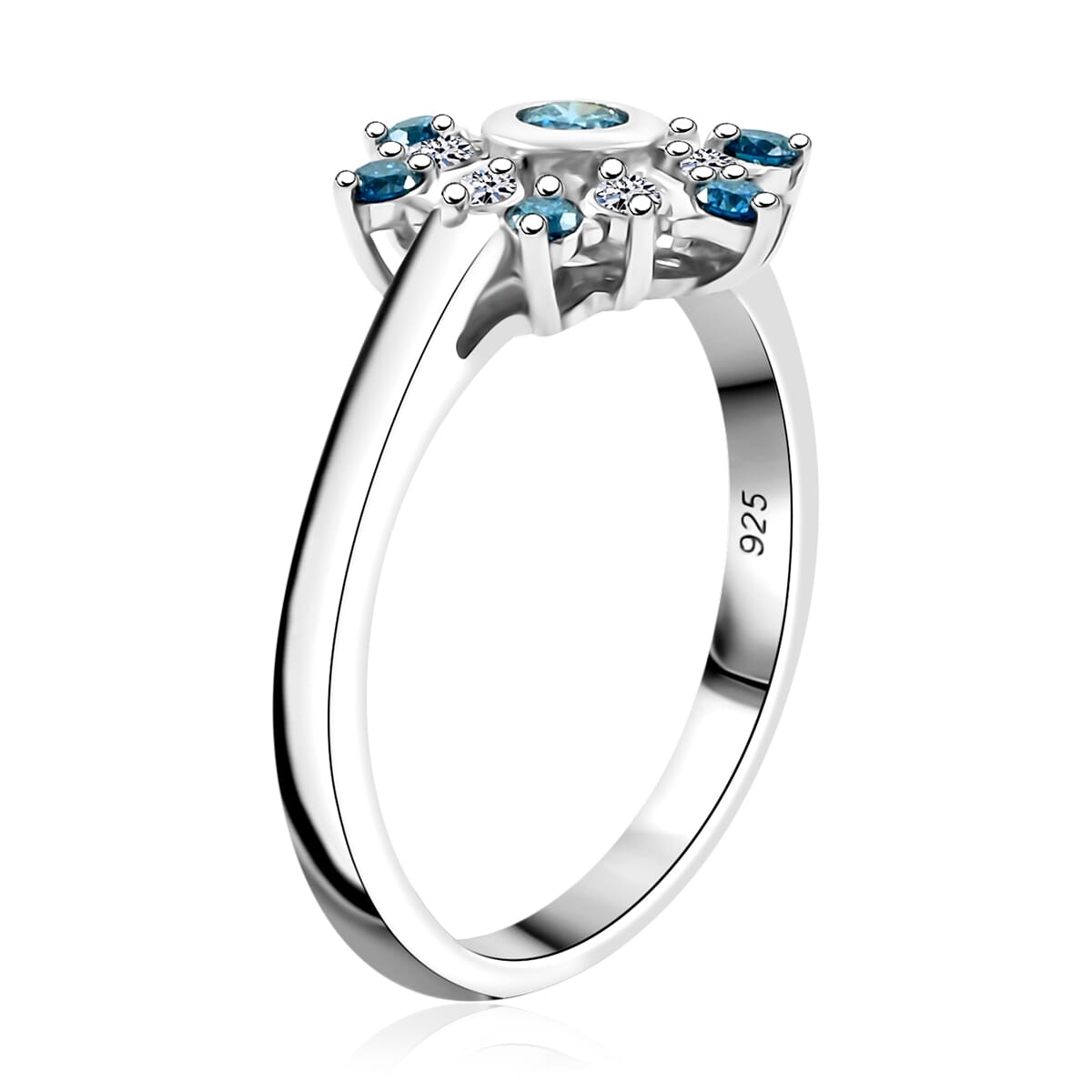 Luxuriant Lab Grown Blue and White Diamond SI 0.50 ctw Snowflake Ring in Rhodium Over Sterling Silver (Size 6.0) image number 3