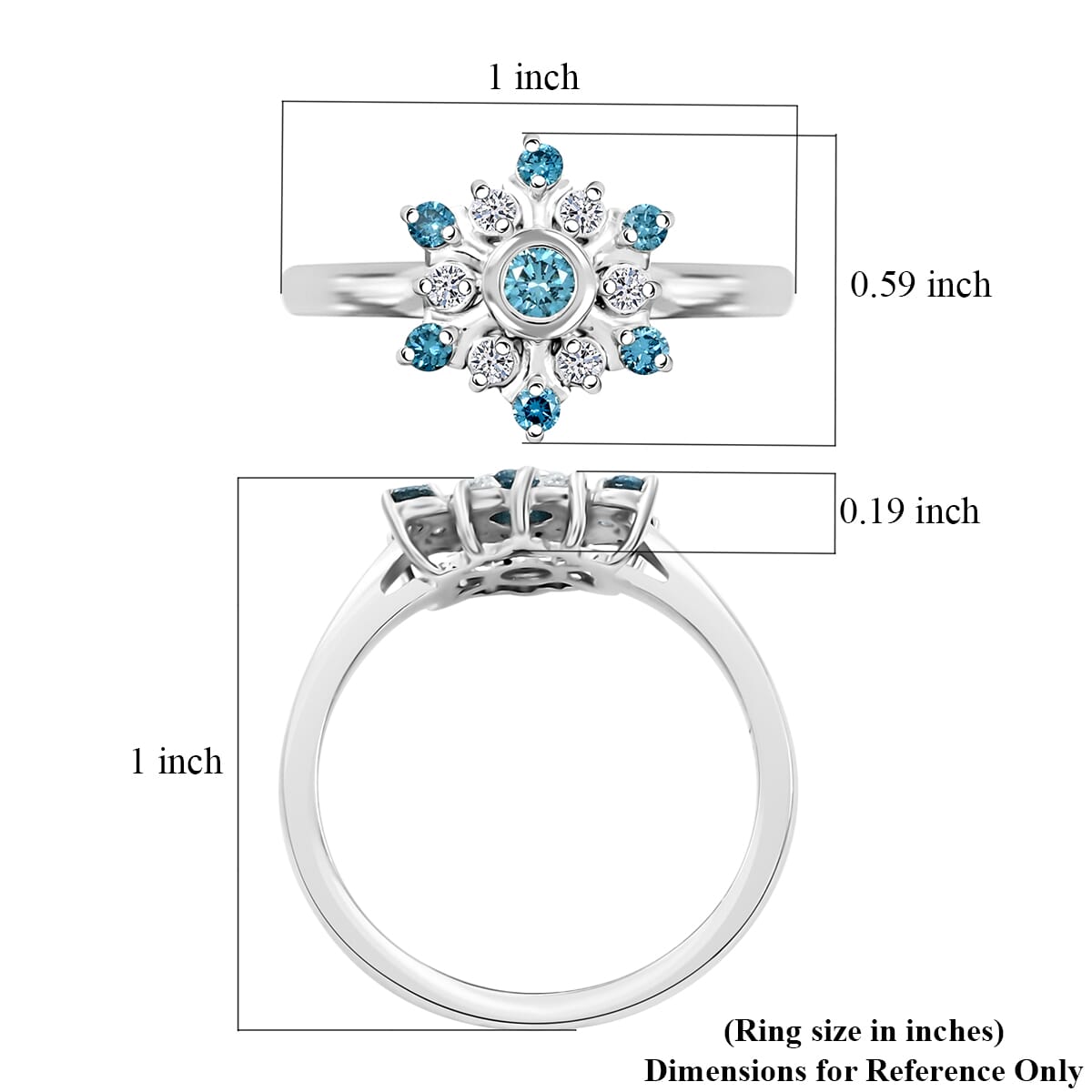Luxuriant Lab Grown Blue and White Diamond SI 0.50 ctw Snowflake Ring in Rhodium Over Sterling Silver (Size 6.0) image number 5