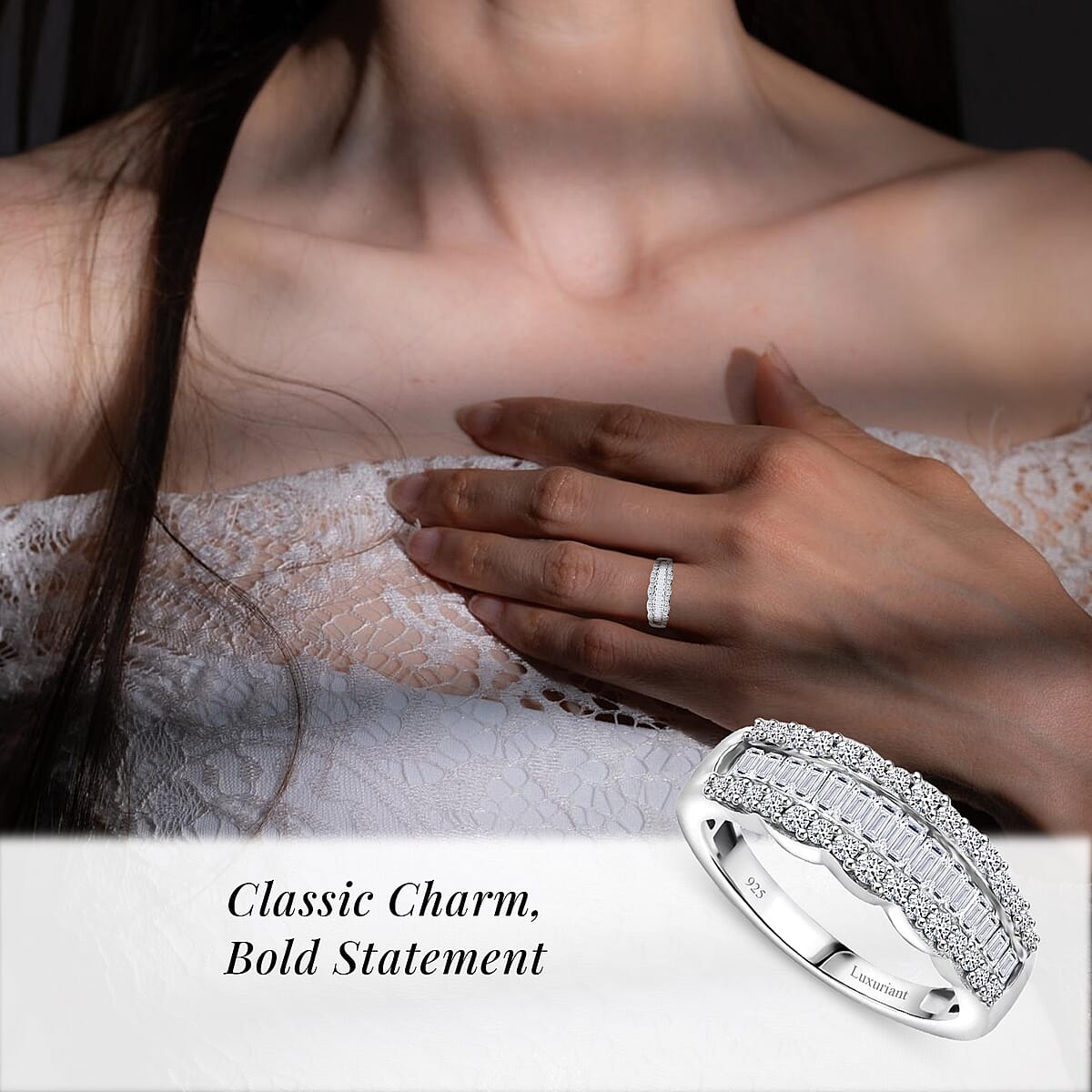 Luxuriant Lab Grown Diamond SI 1.00 ctcw Scalloped Ring in Rhodium Over Sterling Silver (Size 7.0) image number 1