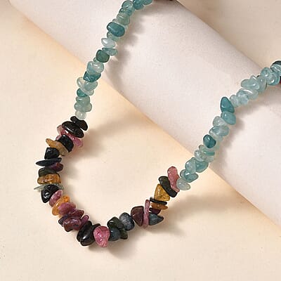 Grandidierite and Multi-Tourmaline 105.00 ctw Chips Necklace in Rhodium Over Sterling Silver 18-20 Inches