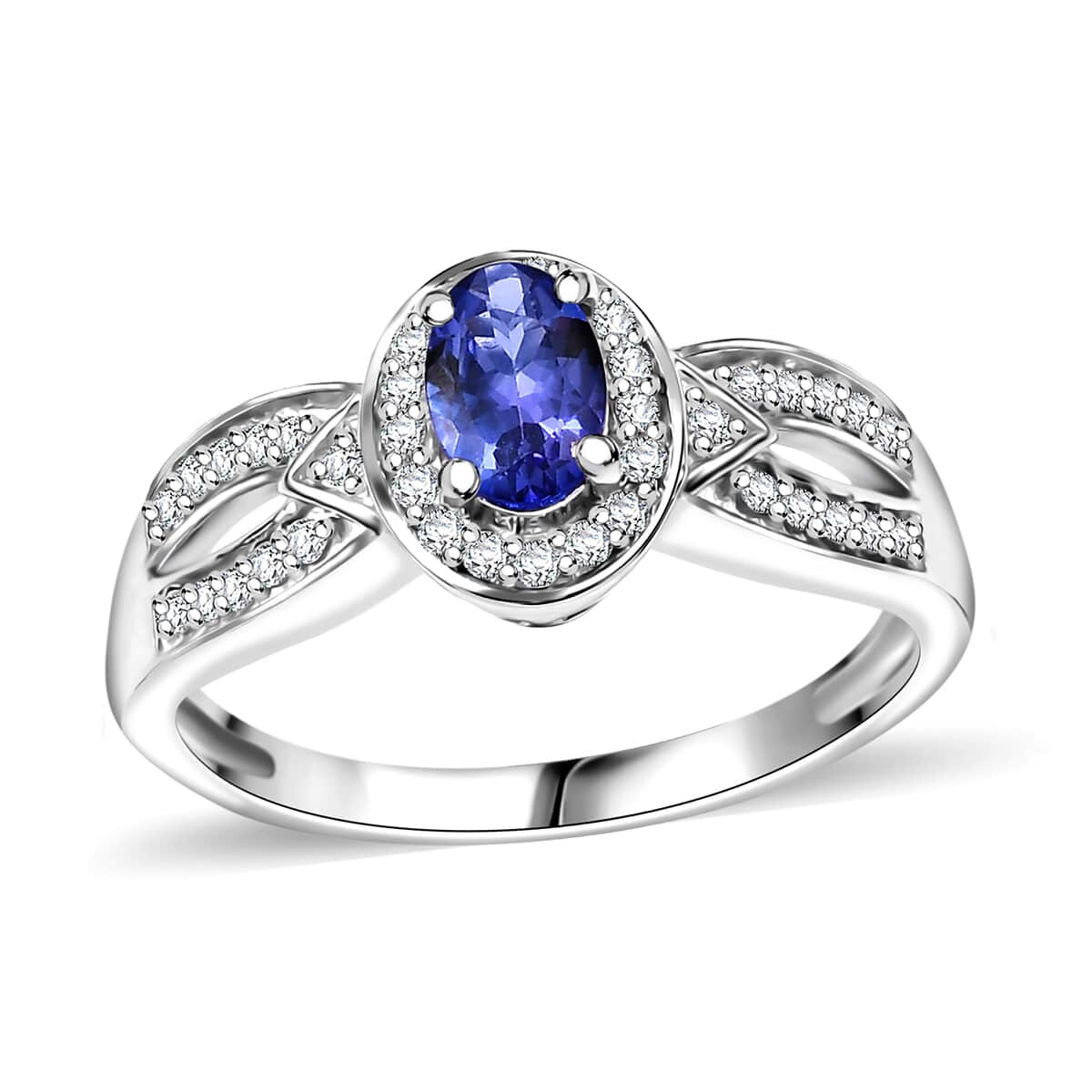 AAA Tanzanite and Moissanite 0.80 ctw Halo Ring in Rhodium Over Sterling Silver (Size 10.0) image number 0