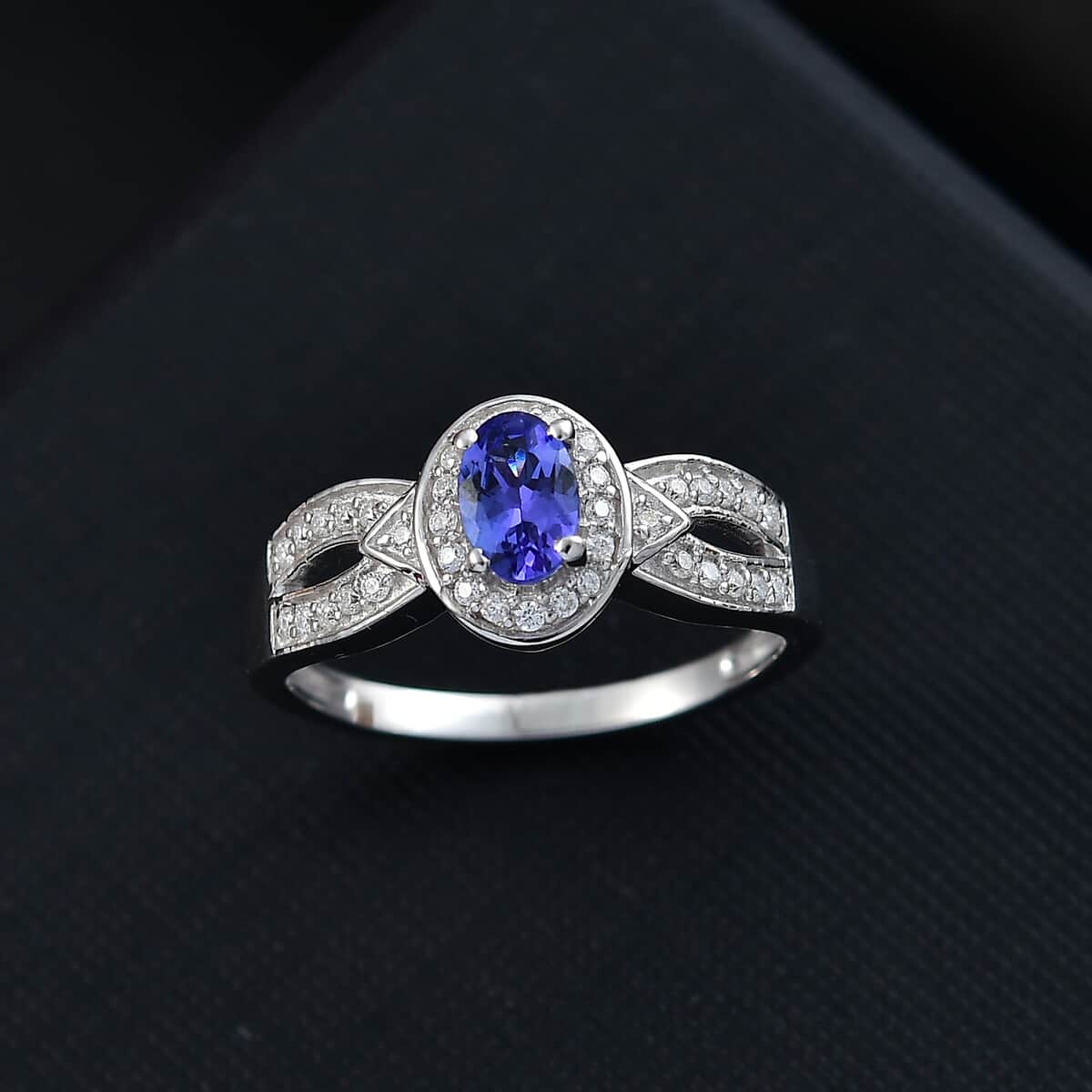 AAA Tanzanite and Moissanite 0.80 ctw Halo Ring in Rhodium Over Sterling Silver (Size 10.0) image number 1