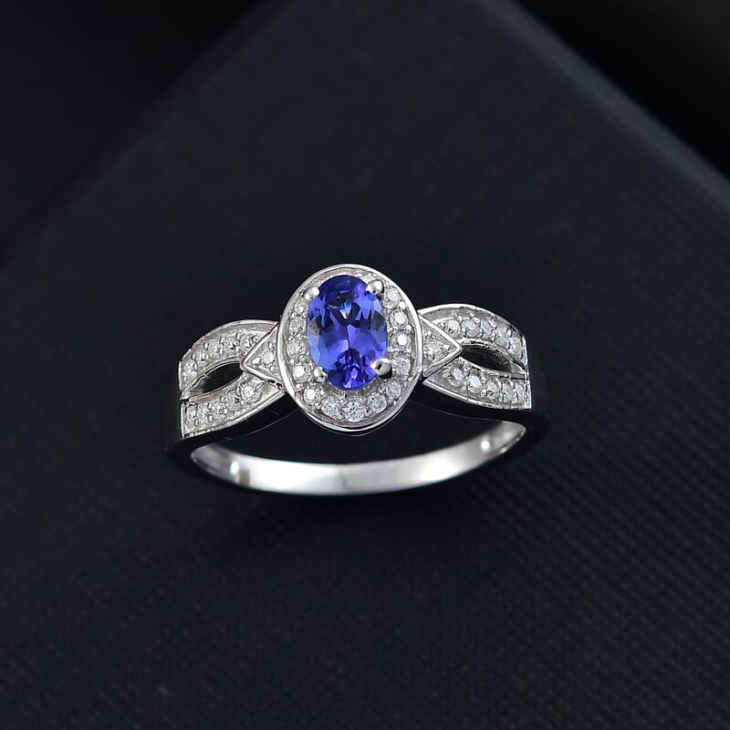 AAA Tanzanite and Moissanite 0.80 ctw Halo Ring in Rhodium Over Sterling Silver (Size 10.0)