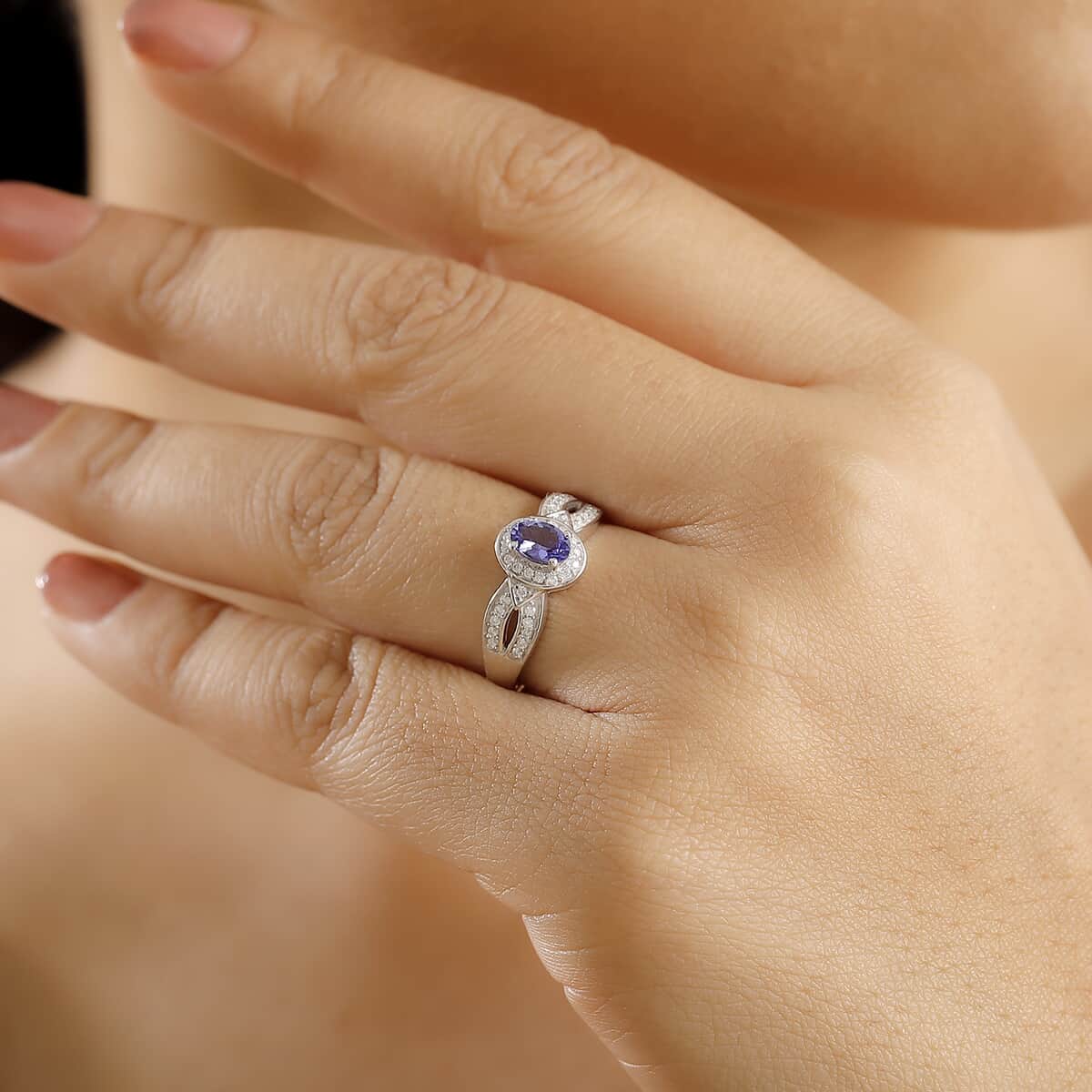 AAA Tanzanite and Moissanite 0.80 ctw Halo Ring in Rhodium Over Sterling Silver (Size 10.0) image number 2