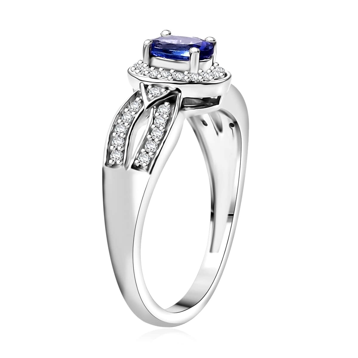 AAA Tanzanite and Moissanite 0.80 ctw Halo Ring in Rhodium Over Sterling Silver (Size 10.0) image number 3