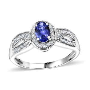 AAA Tanzanite and Moissanite 0.80 ctw Halo Ring in Rhodium Over Sterling Silver (Size 6.0)