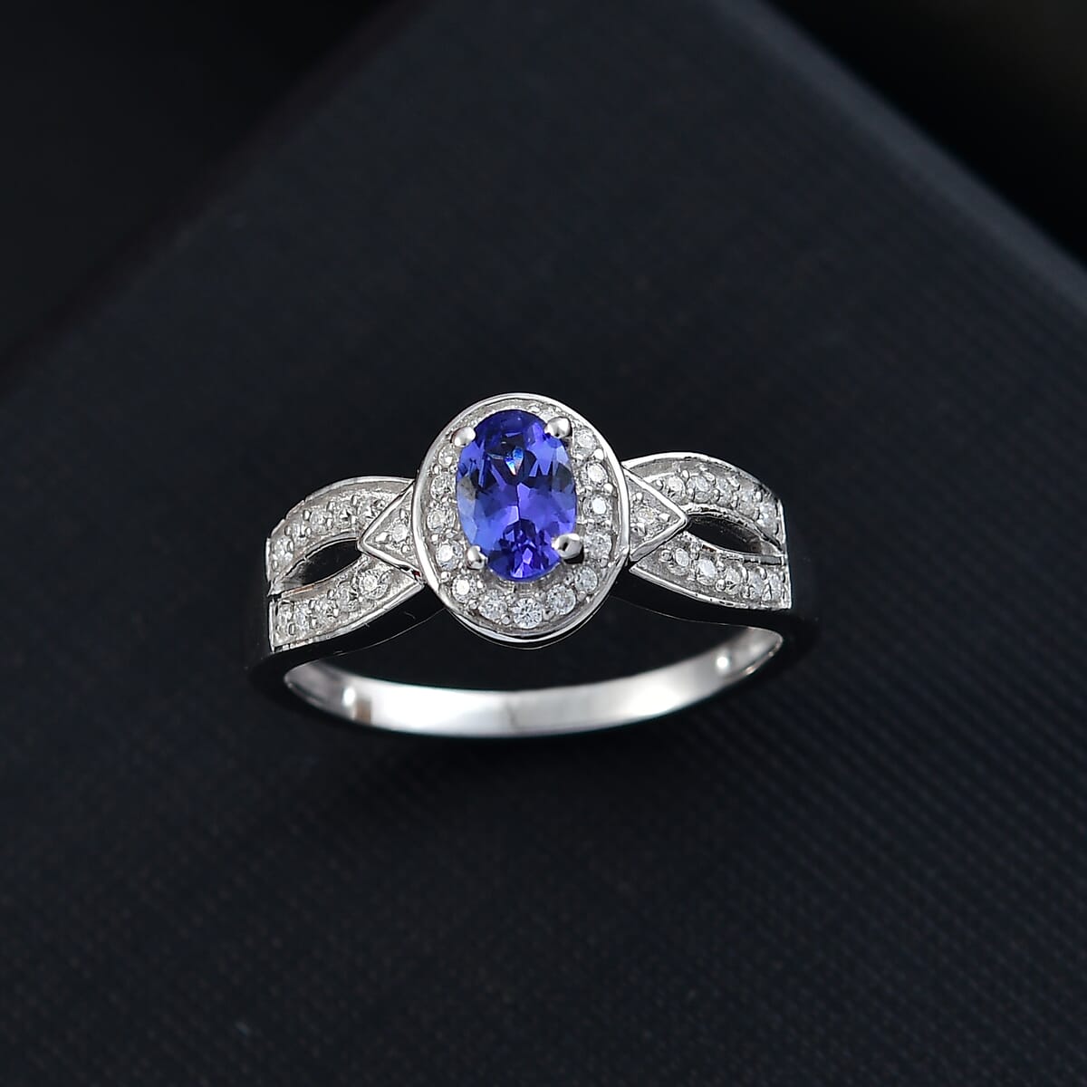 AAA Tanzanite and Moissanite 0.80 ctw Halo Ring in Rhodium Over Sterling Silver (Size 6.0) image number 1