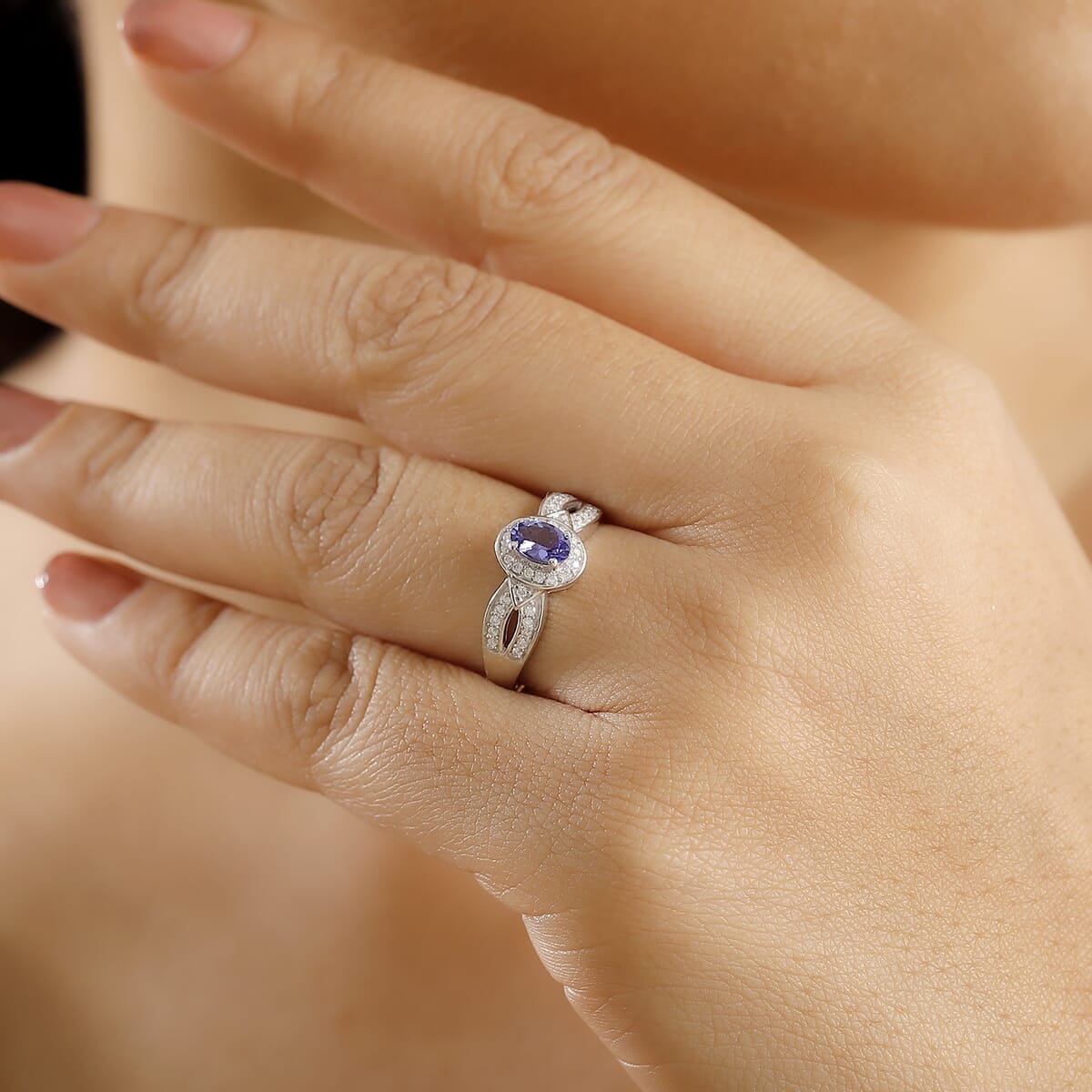 AAA Tanzanite and Moissanite 0.80 ctw Halo Ring in Rhodium Over Sterling Silver (Size 6.0) image number 2