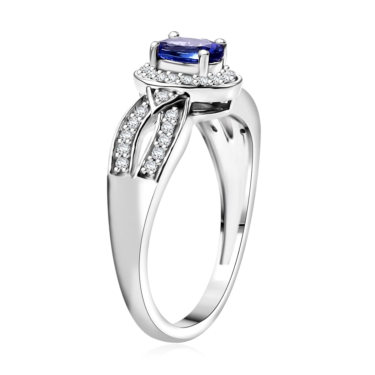 AAA Tanzanite and Moissanite 0.80 ctw Halo Ring in Rhodium Over Sterling Silver (Size 6.0) image number 3