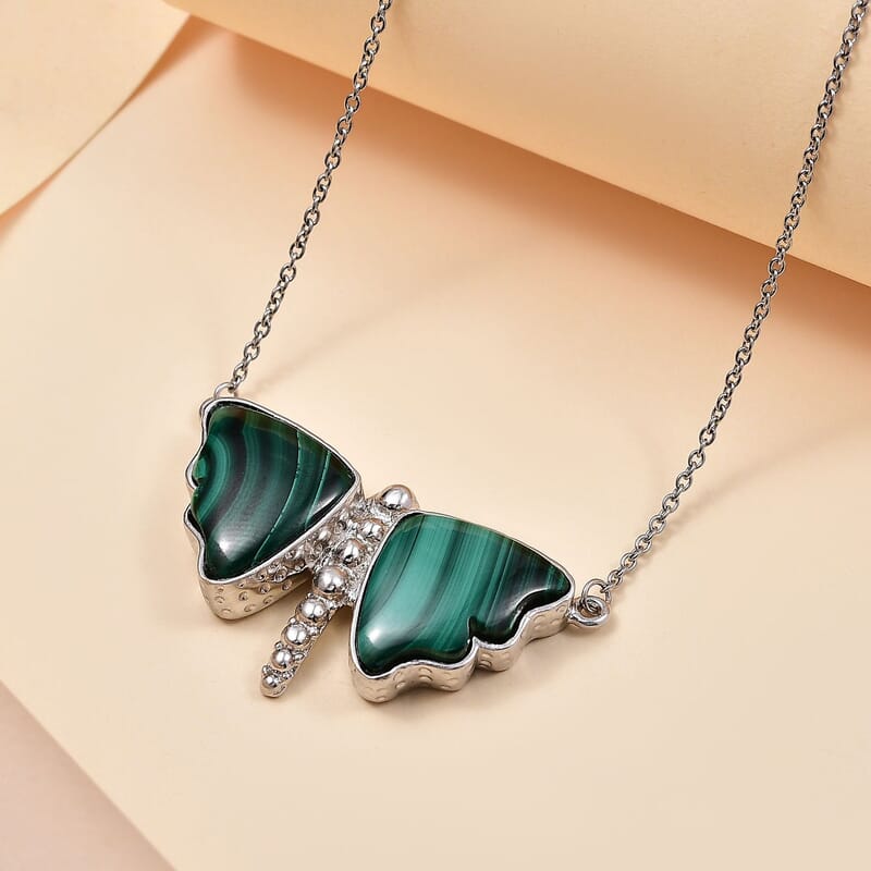 Karis African Malachite 31.40 ctw Dragonfly Necklace in Platinum Bond 18 Inches