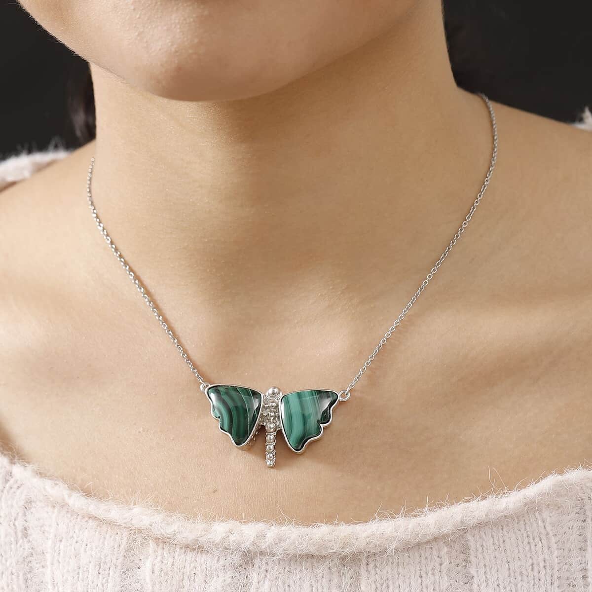 Karis African Malachite 31.40 ctw Dragonfly Necklace in Platinum Bond 18 Inches image number 2