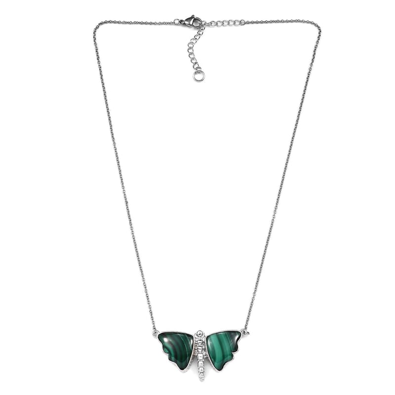 Karis African Malachite 31.40 ctw Dragonfly Necklace in Platinum Bond 18 Inches