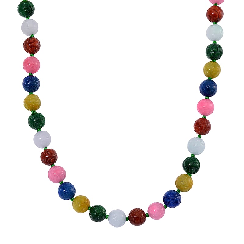Multi Color Jade 570.00 ctw Carved Beaded Necklace in Rhodium Over Sterling Silver 20 Inches