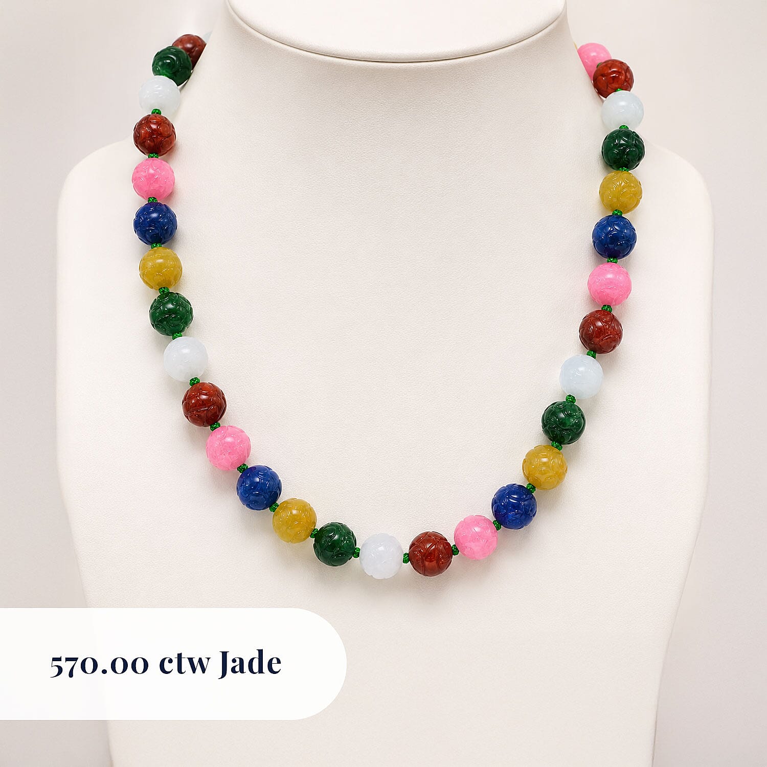 Multi Color Jade 570.00 ctw Carved Beaded Necklace in Rhodium Over Sterling Silver 20 Inches