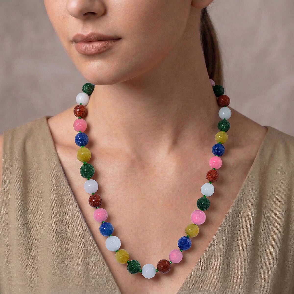 Multi Color Jade 570.00 ctw Carved Beaded Necklace in Rhodium Over Sterling Silver 20 Inches  image number 2