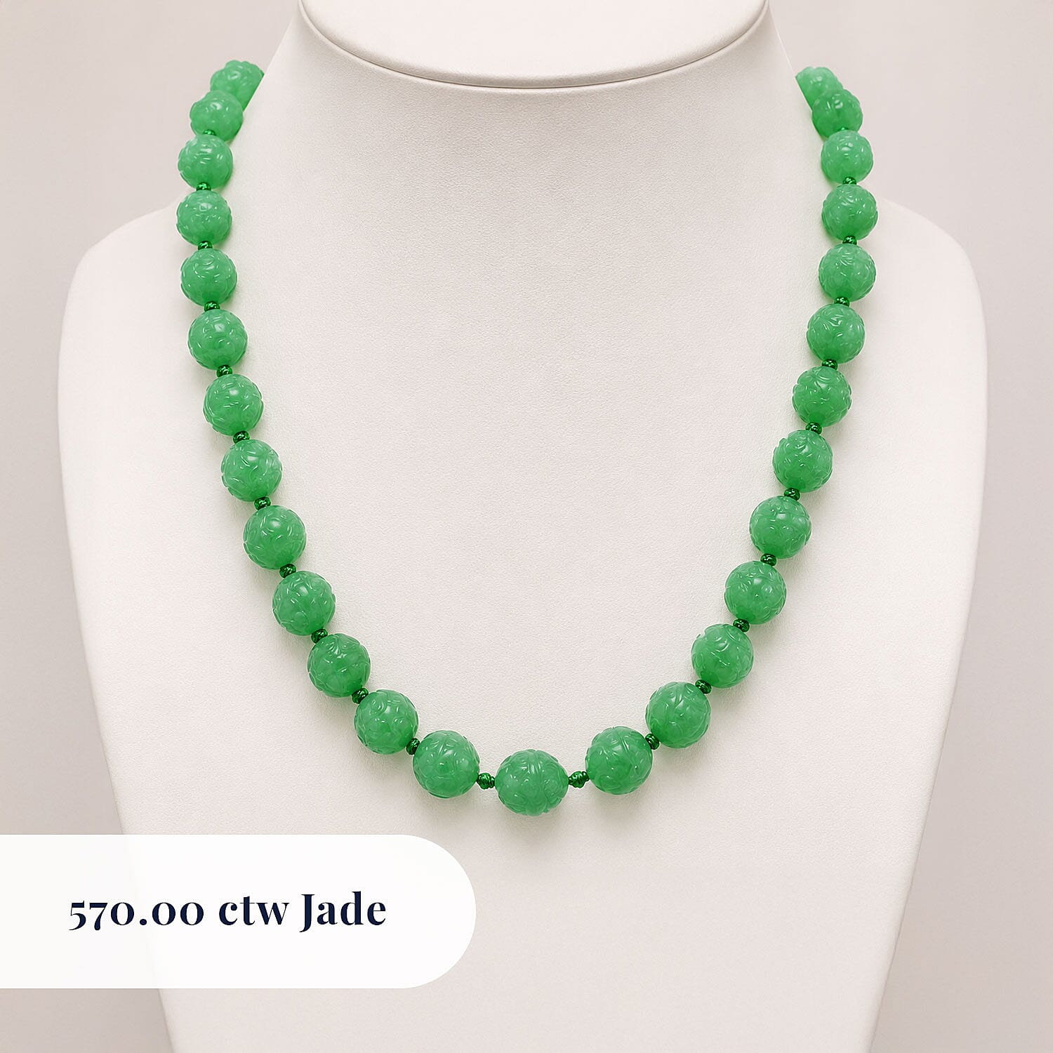 Green Jade(D) 570.00 ctw Carved Beaded Necklace in Rhodium Over Sterling Silver 20 Inches