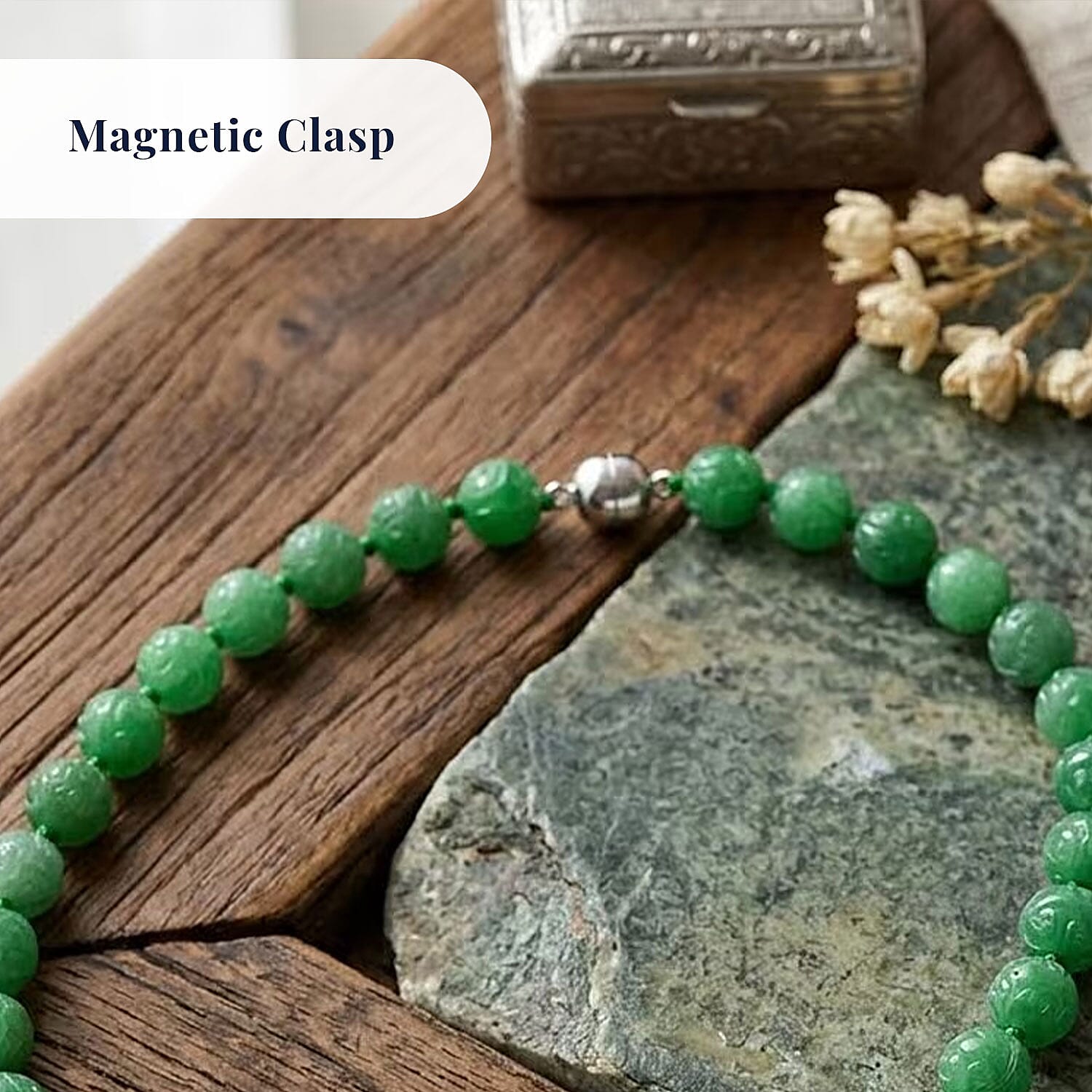 Green Jade(D) 570.00 ctw Carved Beaded Necklace in Rhodium Over Sterling Silver 20 Inches