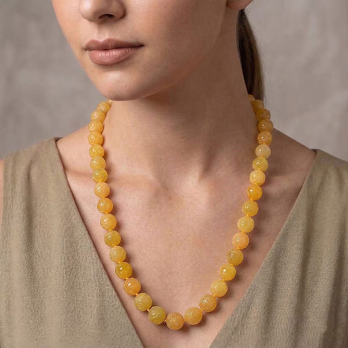 Honey Jade 570.00 ctw Carved Beaded Necklace in Rhodium Over Sterling Silver 20 Inches  image number 1