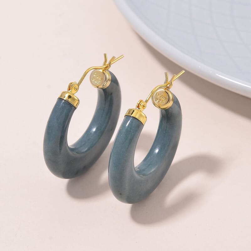 Natural Olmec Jadeite 62.00 ctw Hoop Earrings in 14K Yellow Gold Over Sterling Silver