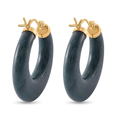 Natural Olmec Jadeite 62.00 ctw Hoop Earrings in 14K Yellow Gold Over Sterling Silver