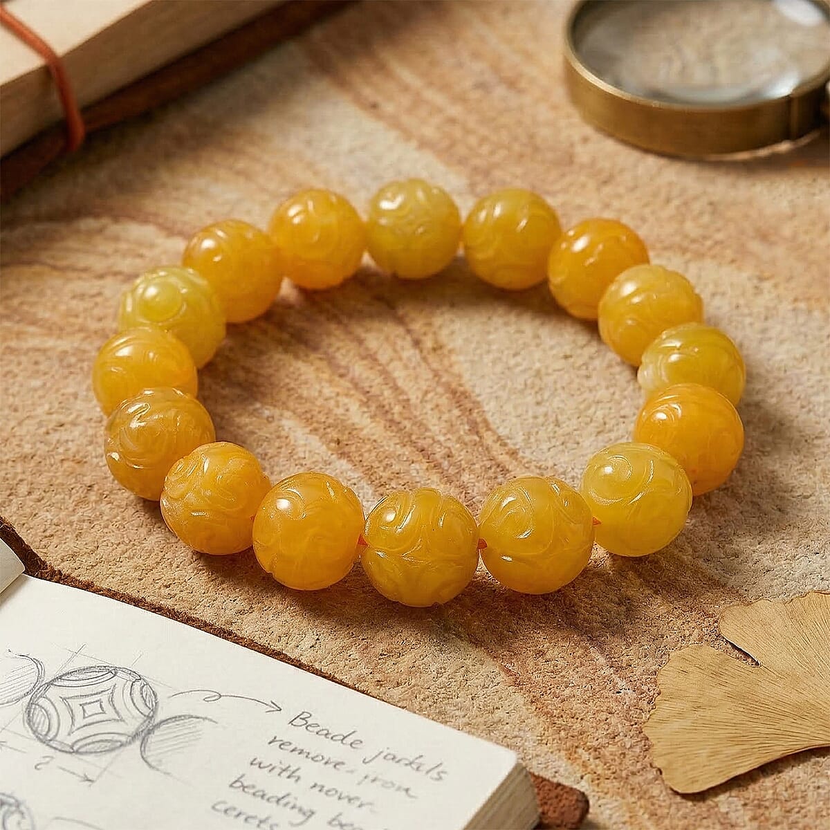 Honey Jade 235.00 ctw Carved Beaded Stretch Bracelet (6.5-7In) image number 1