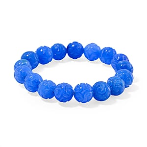 Blue Jade 235.00 ctw Carved Beaded Stretch Bracelet (6.5-7In)