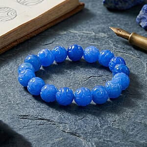 Blue Jade 235.00 ctw Carved Beaded Stretch Bracelet (6.5-7In)