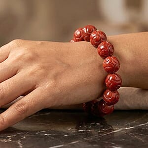 Red Jade 235.00 ctw Carved Beaded Stretch Bracelet (6.5-7In)