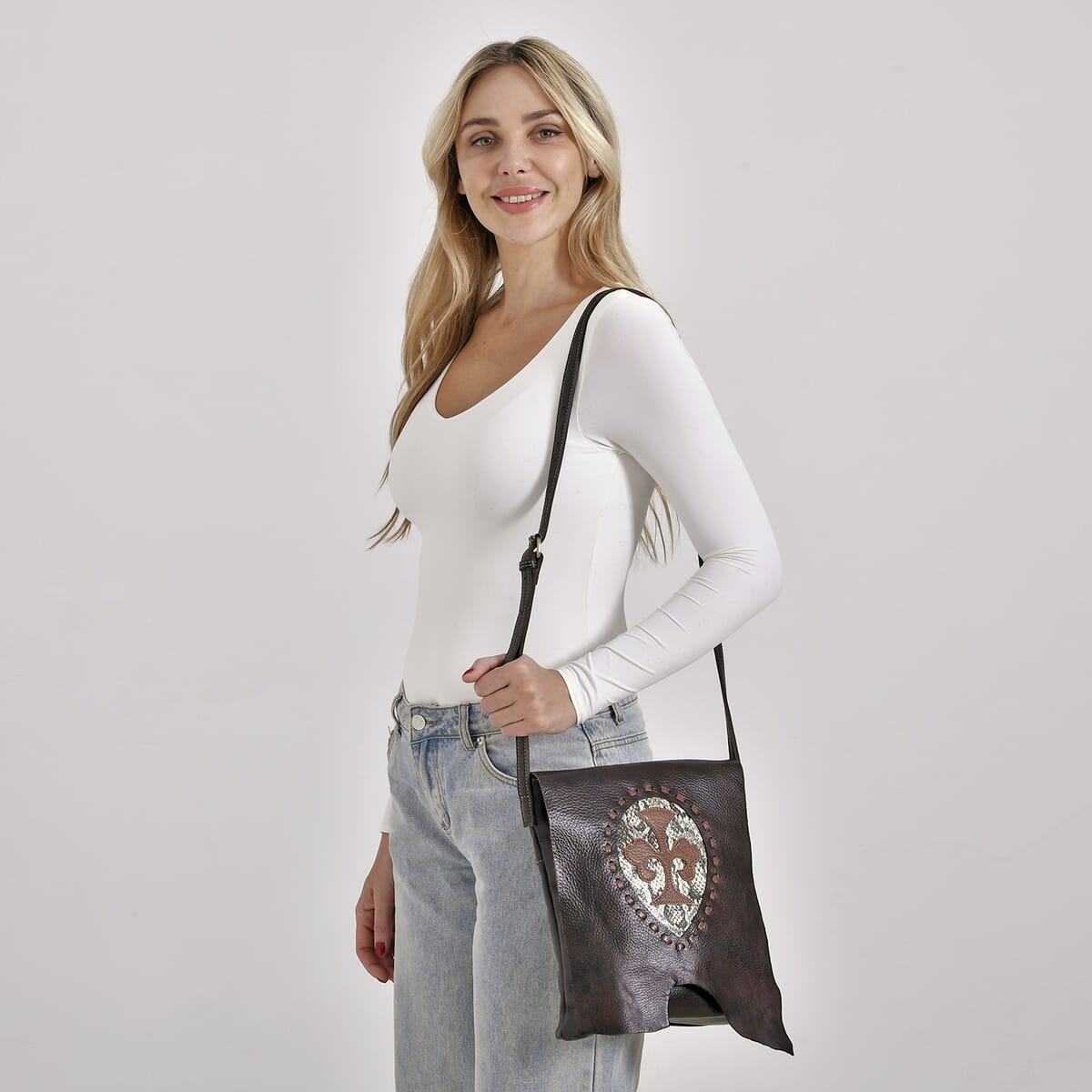 Italy Retro Noble Collection Coffee Cross and Snakeskin Pattern Genunie Leather Crossbody Bag image number 1