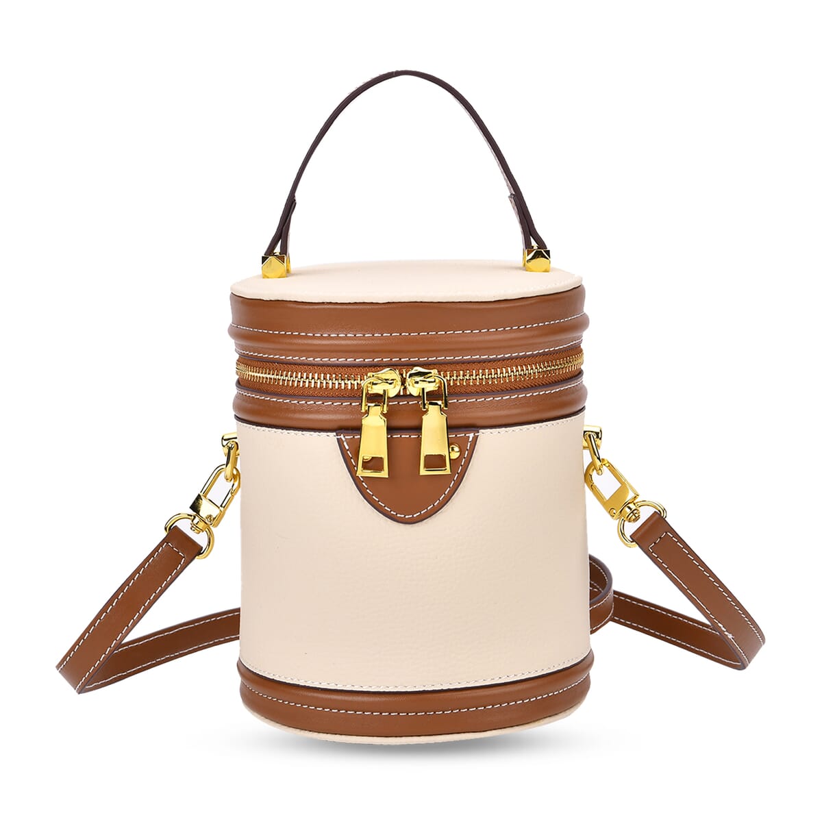 White with Tan Genuine Leather Cylinder Shape Small Crossbody Bag with Detachable Shoulder Strap image number 0