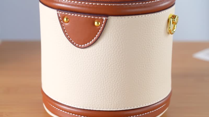 White with Tan Genuine Leather Cylinder Shape Small Crossbody Bag (5.12"x5.12"x7.09") with Detachable Shoulder Strap