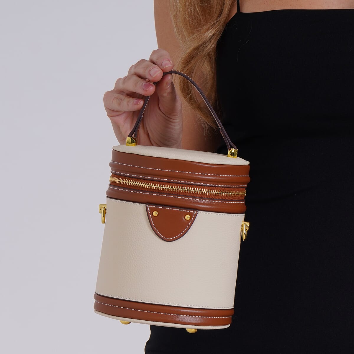 White with Tan Genuine Leather Cylinder Shape Small Crossbody Bag with Detachable Shoulder Strap image number 2