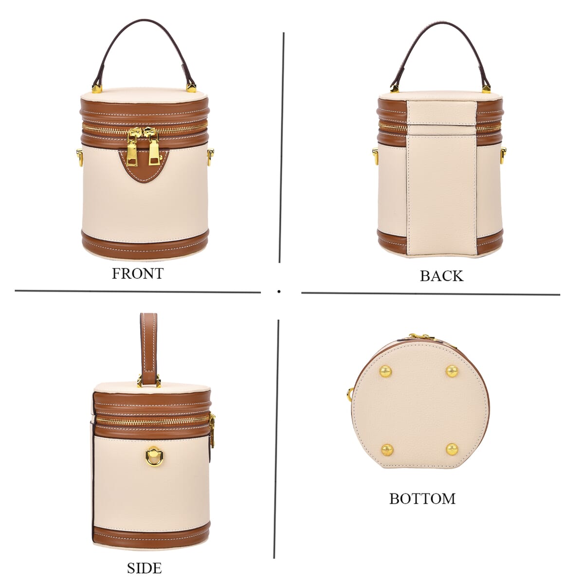 White with Tan Genuine Leather Cylinder Shape Small Crossbody Bag with Detachable Shoulder Strap image number 3