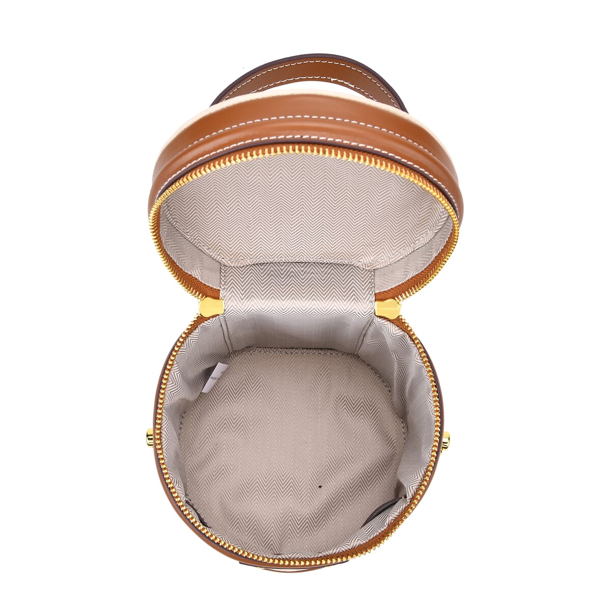 White with Tan Genuine Leather Cylinder Shape Small Crossbody Bag with Detachable Shoulder Strap image number 4
