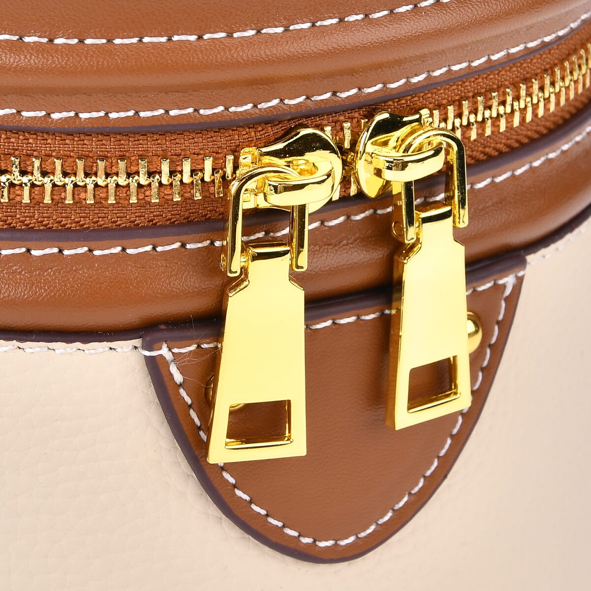 White with Tan Genuine Leather Cylinder Shape Small Crossbody Bag with Detachable Shoulder Strap image number 5