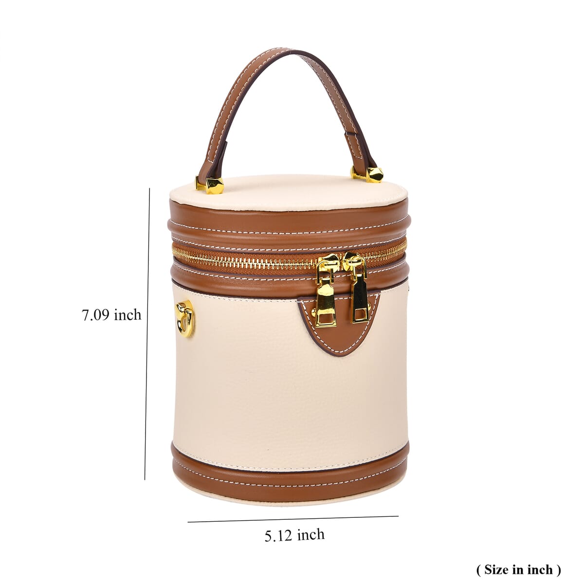 White with Tan Genuine Leather Cylinder Shape Small Crossbody Bag with Detachable Shoulder Strap image number 6